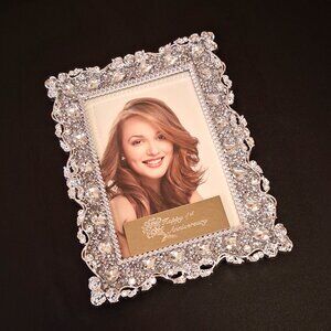 Vintage Floral Designed Crystal Photo Frame 4x6” Engraved Silver Picture Frame